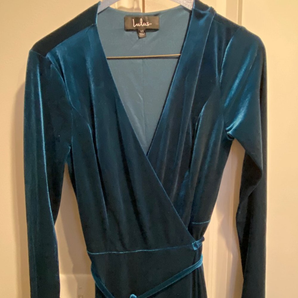 Jacinda Teal Blue Velvet Wrap Maxi Dress